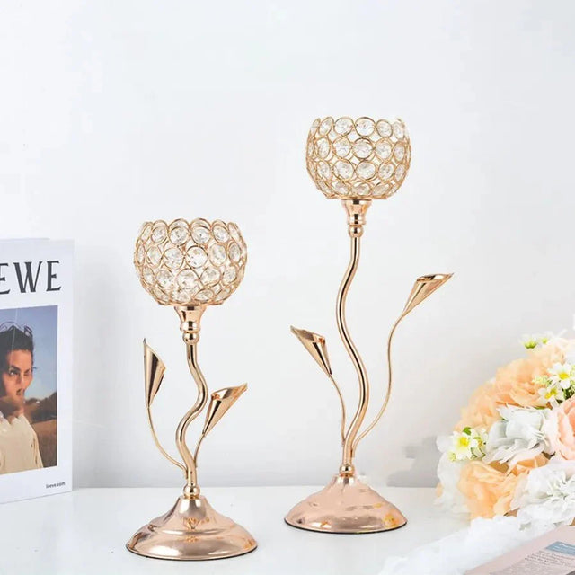 Golden Crystal Flower Shape Candlestick Holder Set - Metal Classic Design