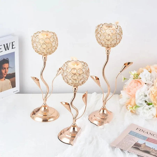 Golden Crystal Flower Shape Candlestick Holder Set - Metal Classic Design