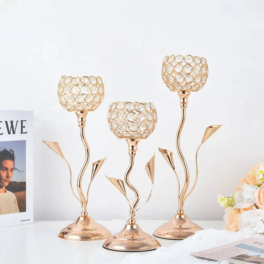 Golden Crystal Flower Shape Candlestick Holder Set - Metal Classic Design