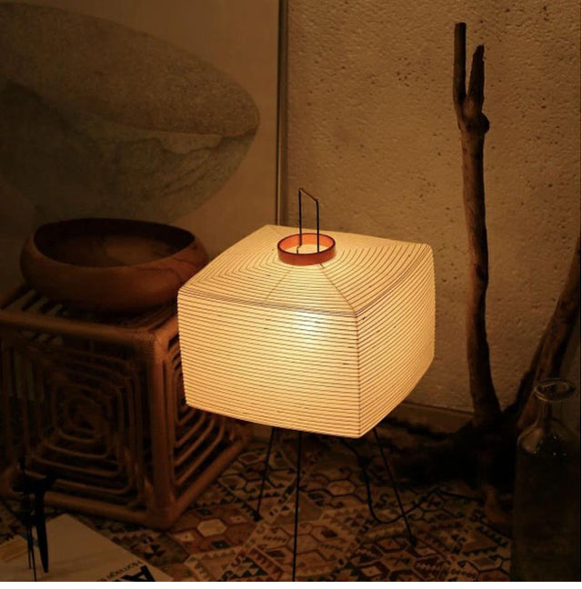 Japanese Tripod Rice Paper Floor Lamp with Wabi-Sabi Design