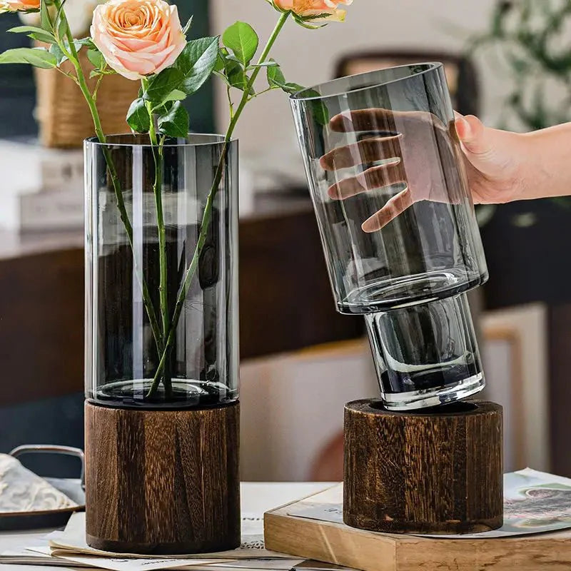 Hydroponic Wood & Glass Vase for Stylish Home Decor