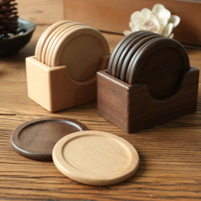 Japanese Style Six Piece Wooden Coaster Set - Eco-Friendly