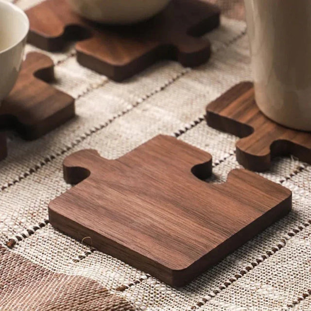 Jigsaw Shape Walnut Wood Coaster Set - Rustic Charm Design