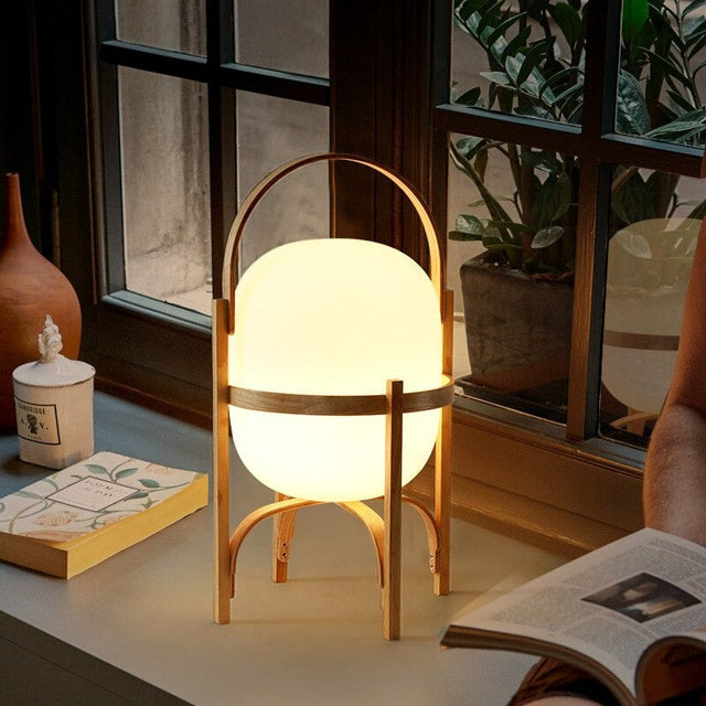 Japanese Wooden Bedside Lamp with Glass Stone Shade