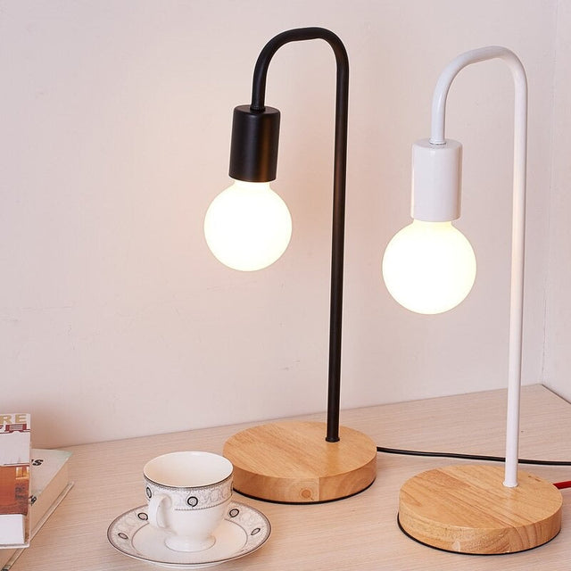Edison Industrial Bedside Lamp with Wooden Base and Metal Body