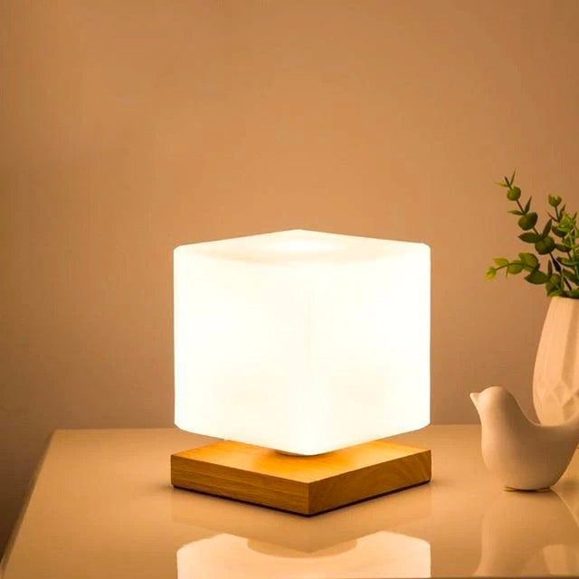 Square LED Bedside Lamp with Wooden Base and Frosted Shade