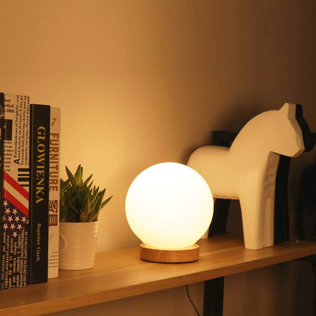Round LED Bedside Lamp with Frosted Glass Shade and Wood Base