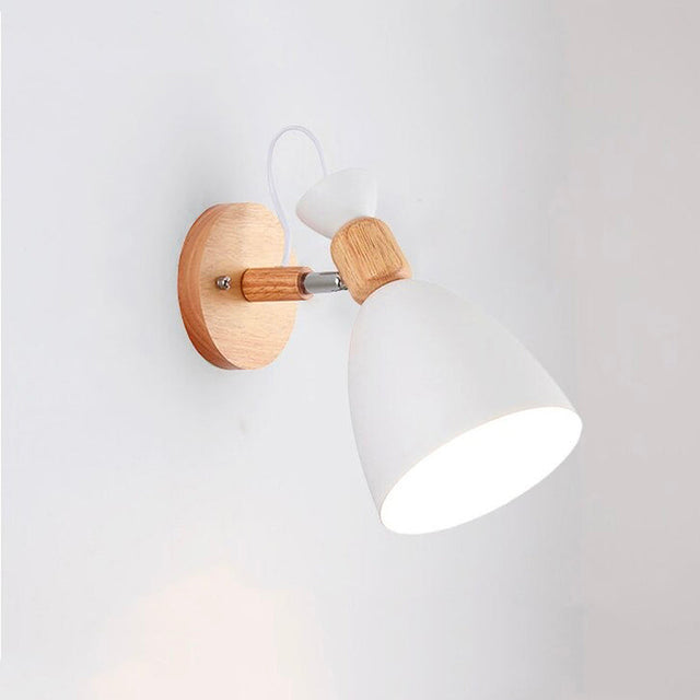 Scandinavian Wooden Wall Bedside Lamp with Metallic Shade