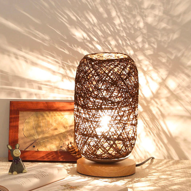 Rattan and Wooden Bedside Lamp with Modern Book Design