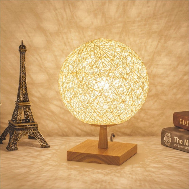Rattan Bedside Lamp With Wooden Base For Modern Decor
