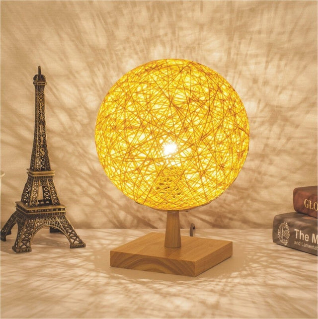 Rattan Bedside Lamp With Wooden Base For Modern Decor