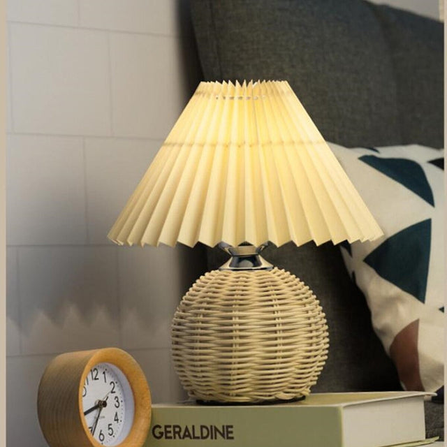 Pleated Rattan Bedside Lamp with Modern Elegant Design