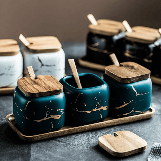 LunaMarble Spice Jar Set - Elegant Porcelain Herb Pots