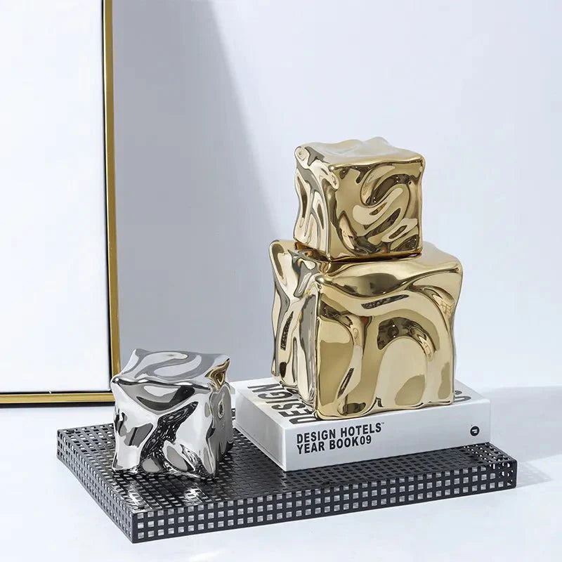 Metallic Coloured Cube Ornament in Modern Ceramic Design