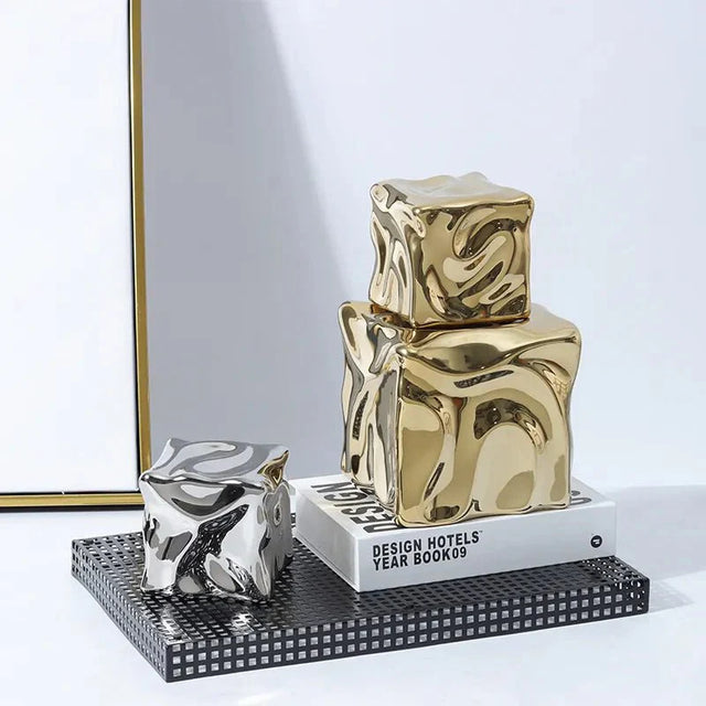 Metallic Coloured Cube Ornament in Modern Ceramic Design
