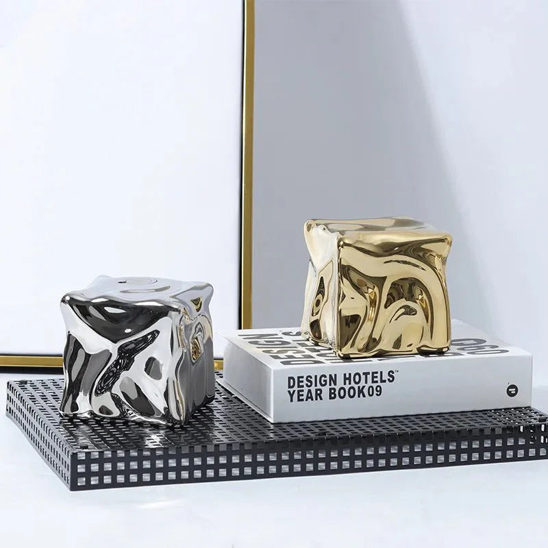 Metallic Coloured Cube Ornament in Modern Ceramic Design