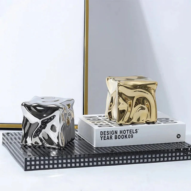Metallic Coloured Cube Ornament in Modern Ceramic Design