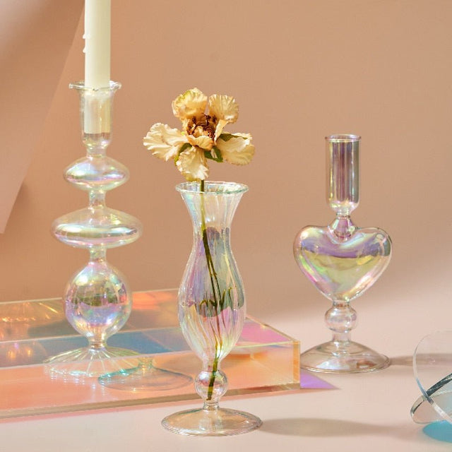 Nordic Iridescent Candle Holders in Sturdy Glass Style