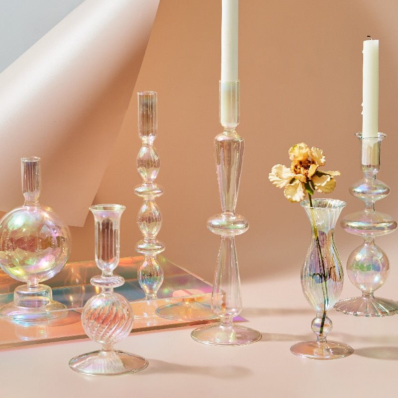 Nordic Iridescent Candle Holders in Sturdy Glass Style
