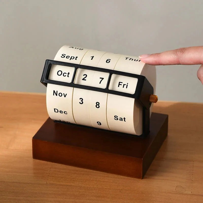 Modern Perpetual Wheel Desk Calendar in Wood and Metal