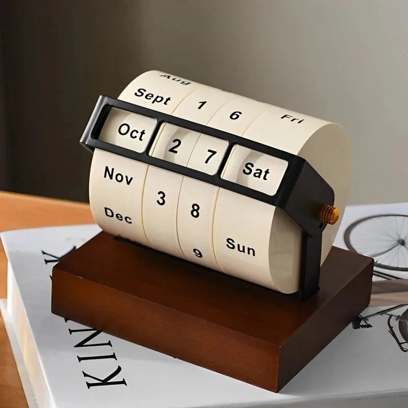 Modern Perpetual Wheel Desk Calendar in Wood and Metal