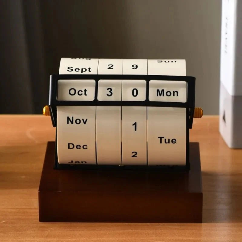 Modern Perpetual Wheel Desk Calendar in Wood and Metal