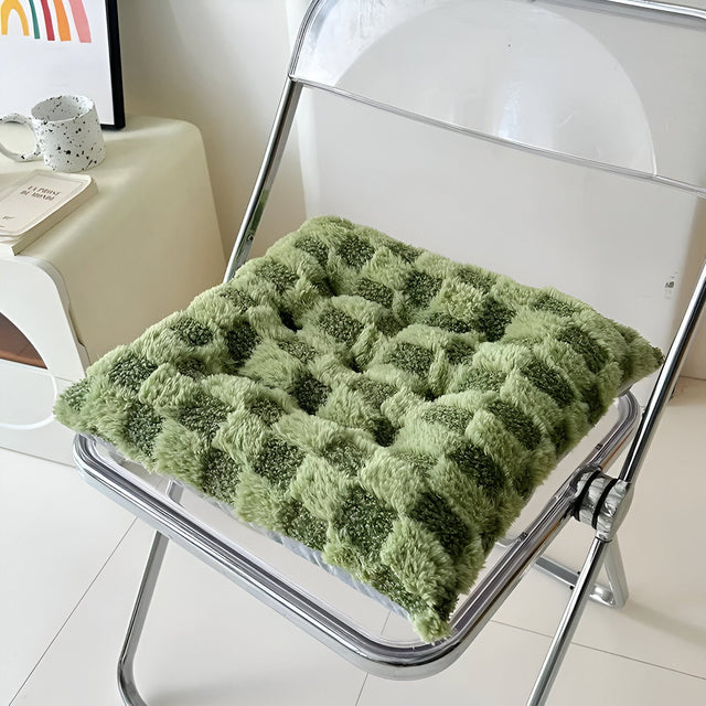 Plush Checked Chair Cushion - Soft Cotton Filling, Square Design