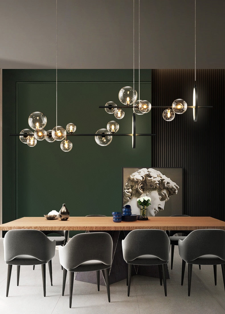 Macrocosm Chandelier – Dimmable Nordic Glass Ball LED Pendant Light | Adjustable Length, Perfect for Dining Rooms & Bars