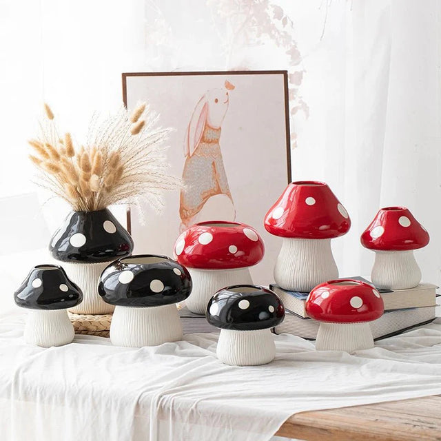 Red and Black Mushroom Shape Ceramic Vase for Home Decor