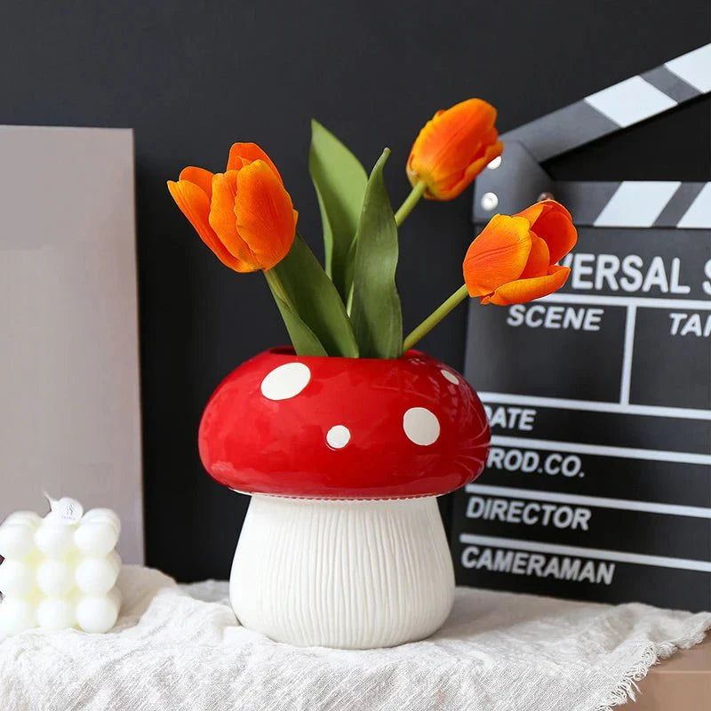 Red and Black Mushroom Shape Ceramic Vase for Home Decor