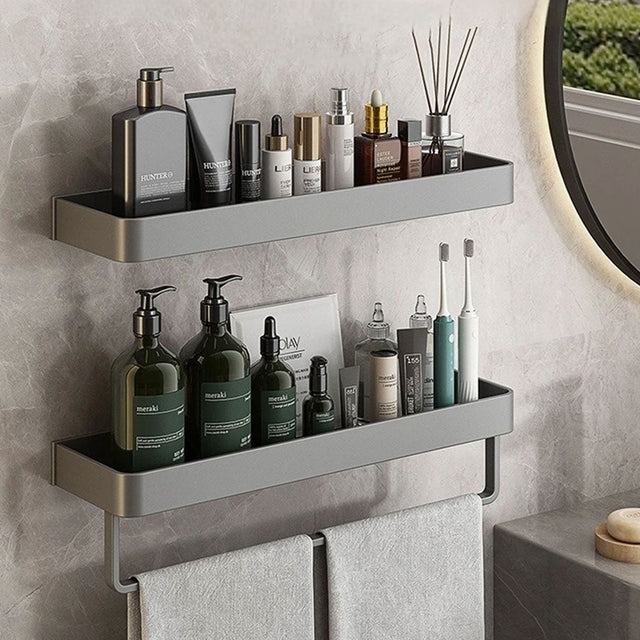 Contemporary Sleek Gray Bathroom Shelves with Towel Holder
