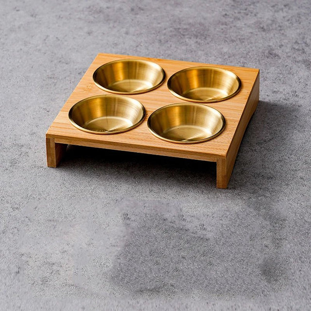 Stainless Steel Dip Bowls On Bamboo Serving Tray Set