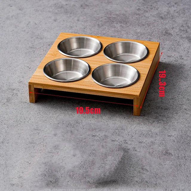 Stainless Steel Dip Bowls On Bamboo Serving Tray Set