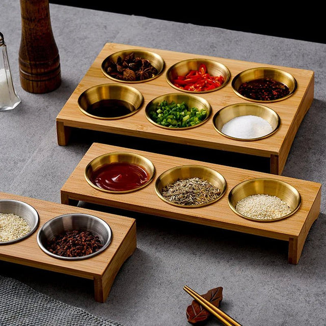Stainless Steel Dip Bowls On Bamboo Serving Tray Set