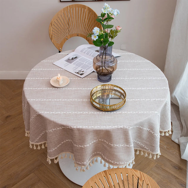 Cotton Linen Jacquard Round Tablecloth with Tassels