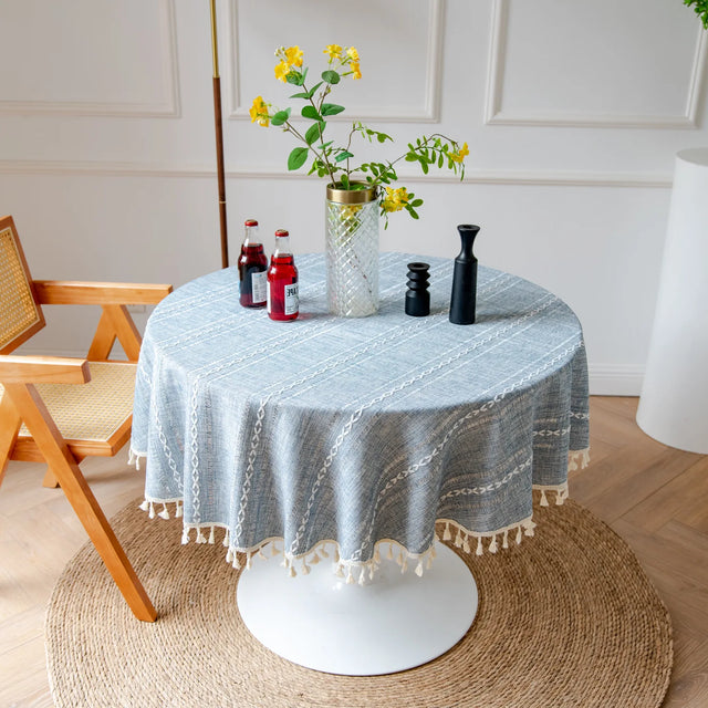 Cotton Linen Jacquard Round Tablecloth with Tassels