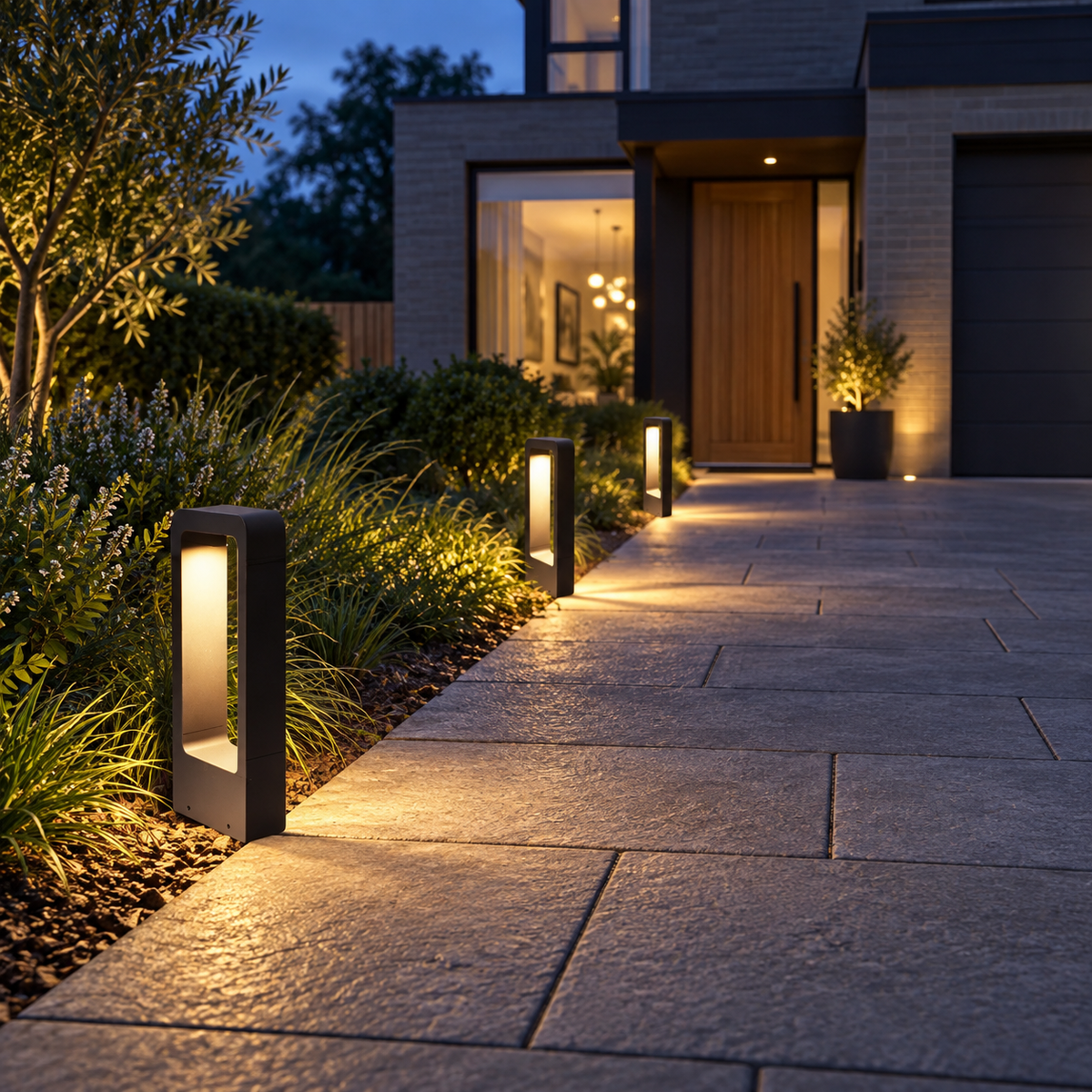 Set of four black LED garden bollard lights along a driveway