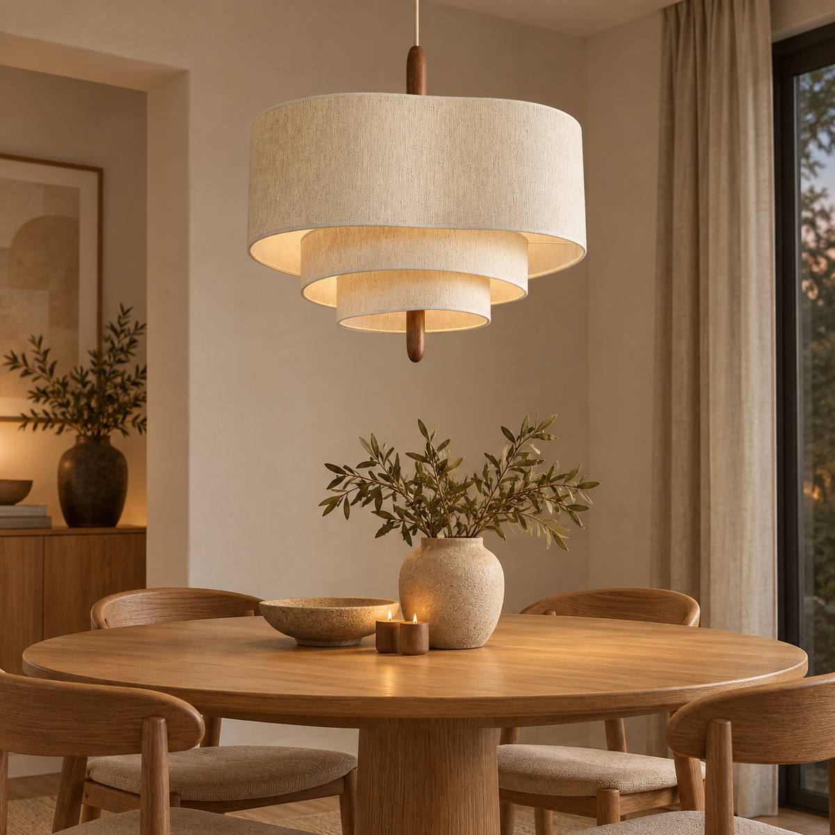 Japandi fabric pendant light in a warm living space – editorial lifestyle image one