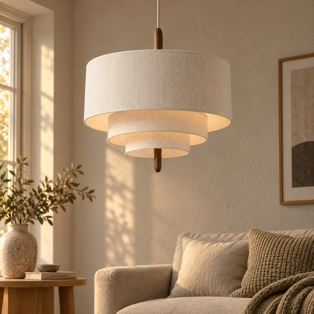 Japandi fabric pendant light in a warm living space – editorial lifestyle image two