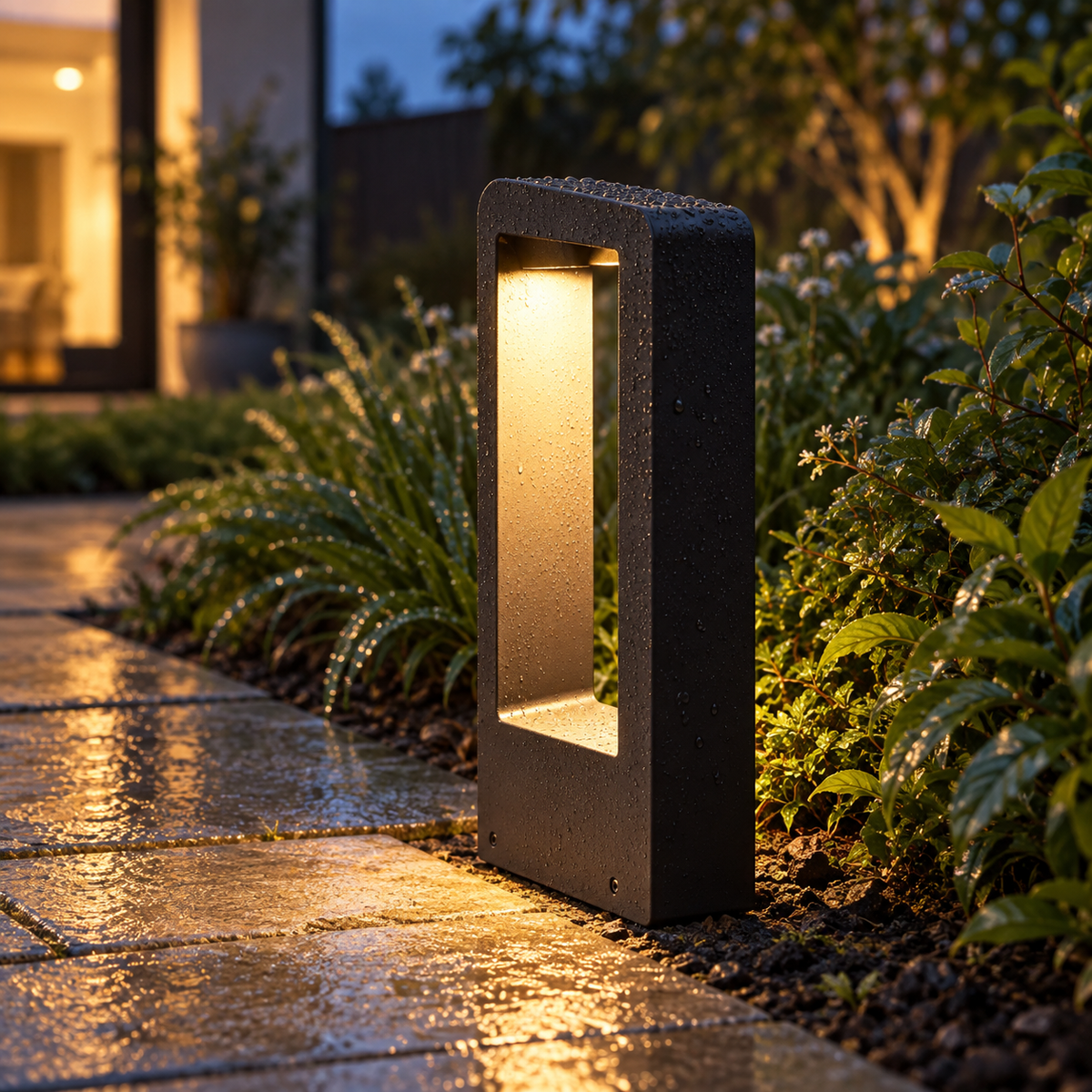Weatherproof black LED garden bollard light with warm white illumination