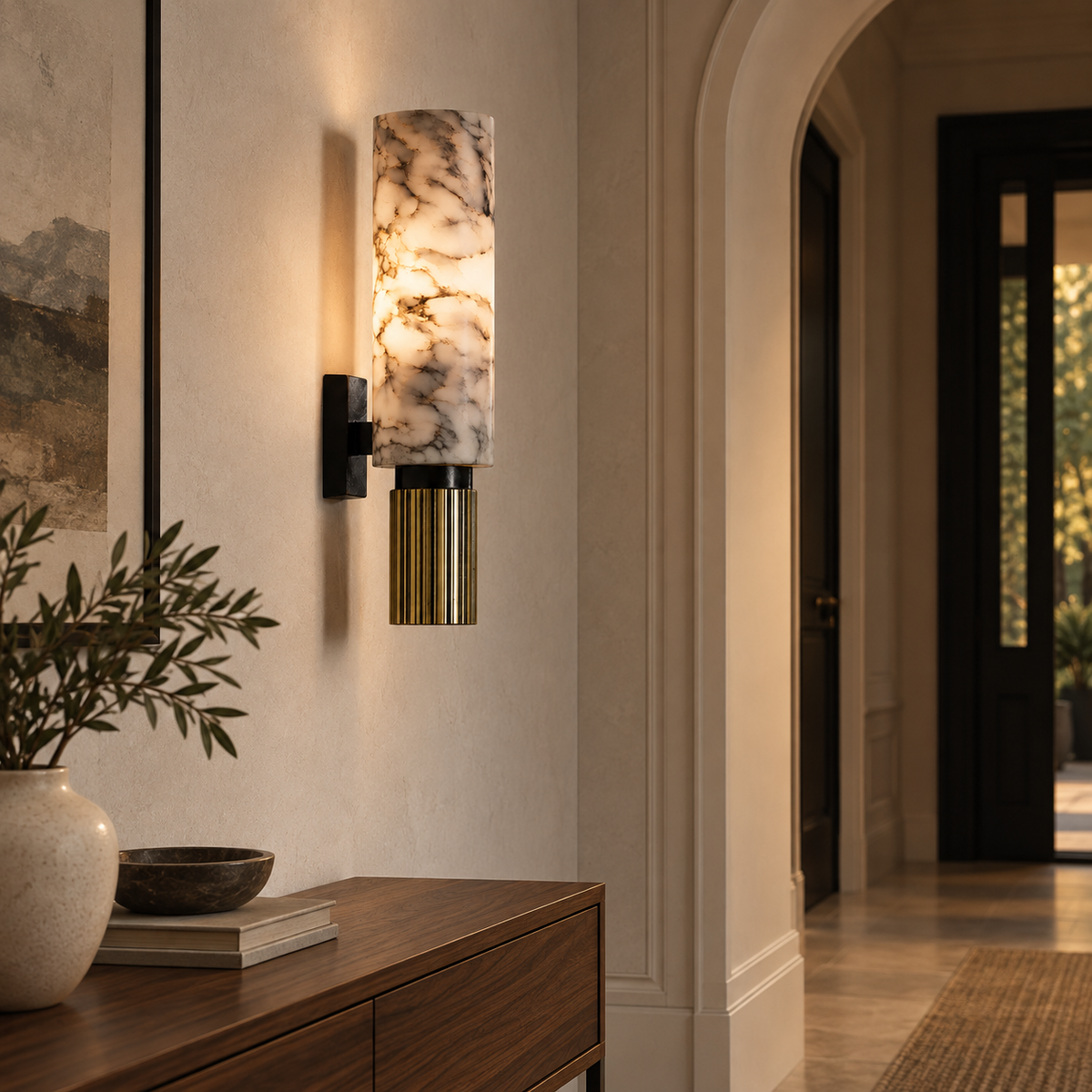 Slim marble wall light casting a warm ambient glow – editorial lifestyle image one