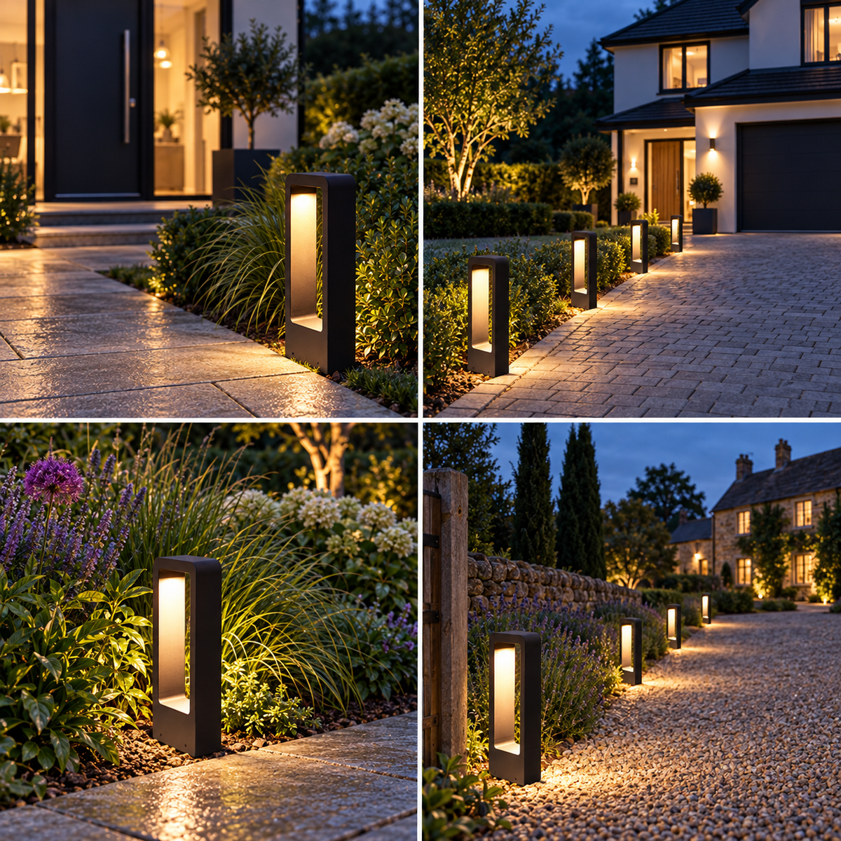Black LED garden bollard light shown at a front path, driveway, planted border and rural entrance