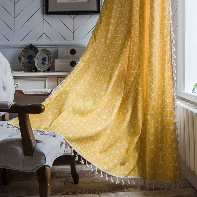 Yellow Plaid Translucent Curtains with Tassels