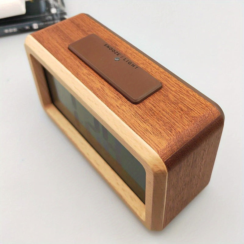 Elegant Wooden Alarm Clock with Calendar & Temperature Display