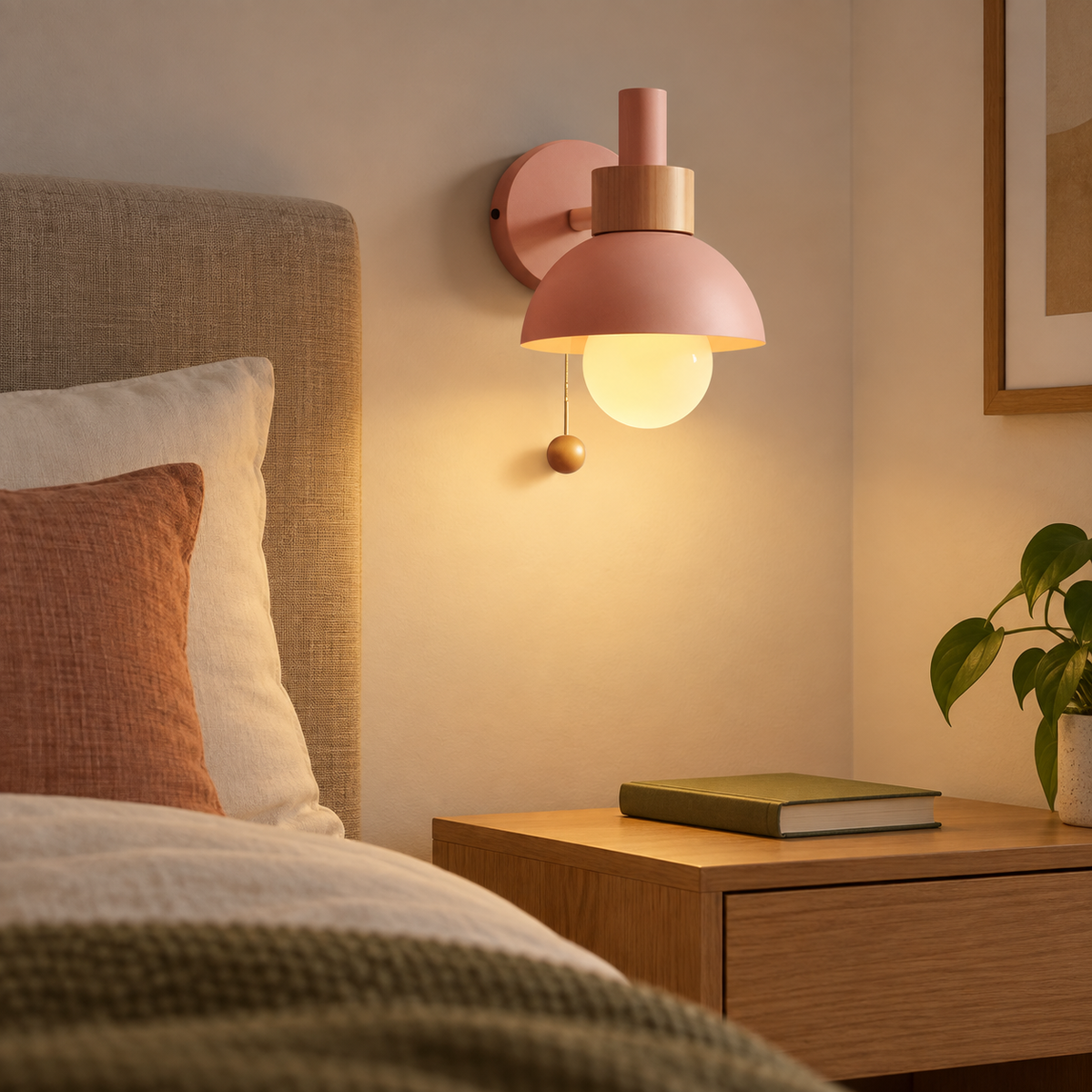 Wooden wall light with pull switch in a calm bedroom – editorial lifestyle image one