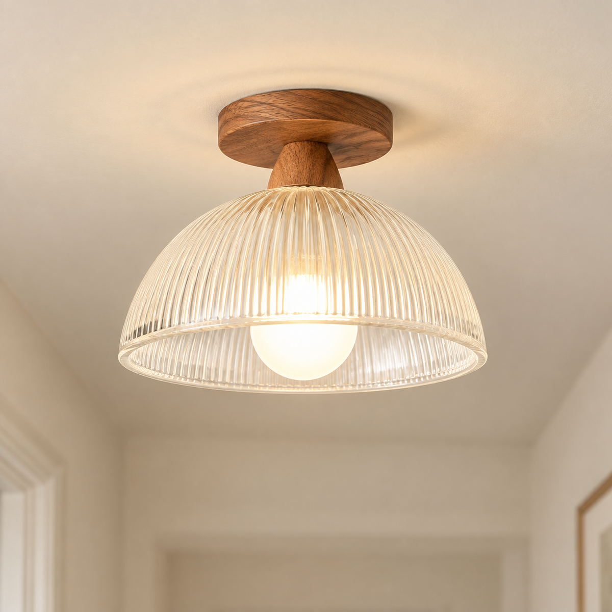 Walnut and ribbed glass semi-flush ceiling light in a warm hallway