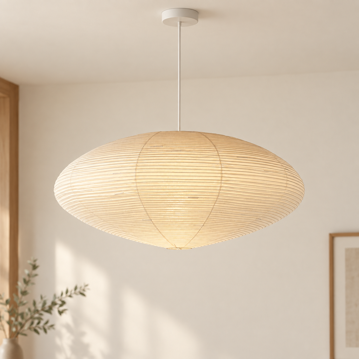 Hardwired Japanese paper lantern pendant in a calm neutral interior