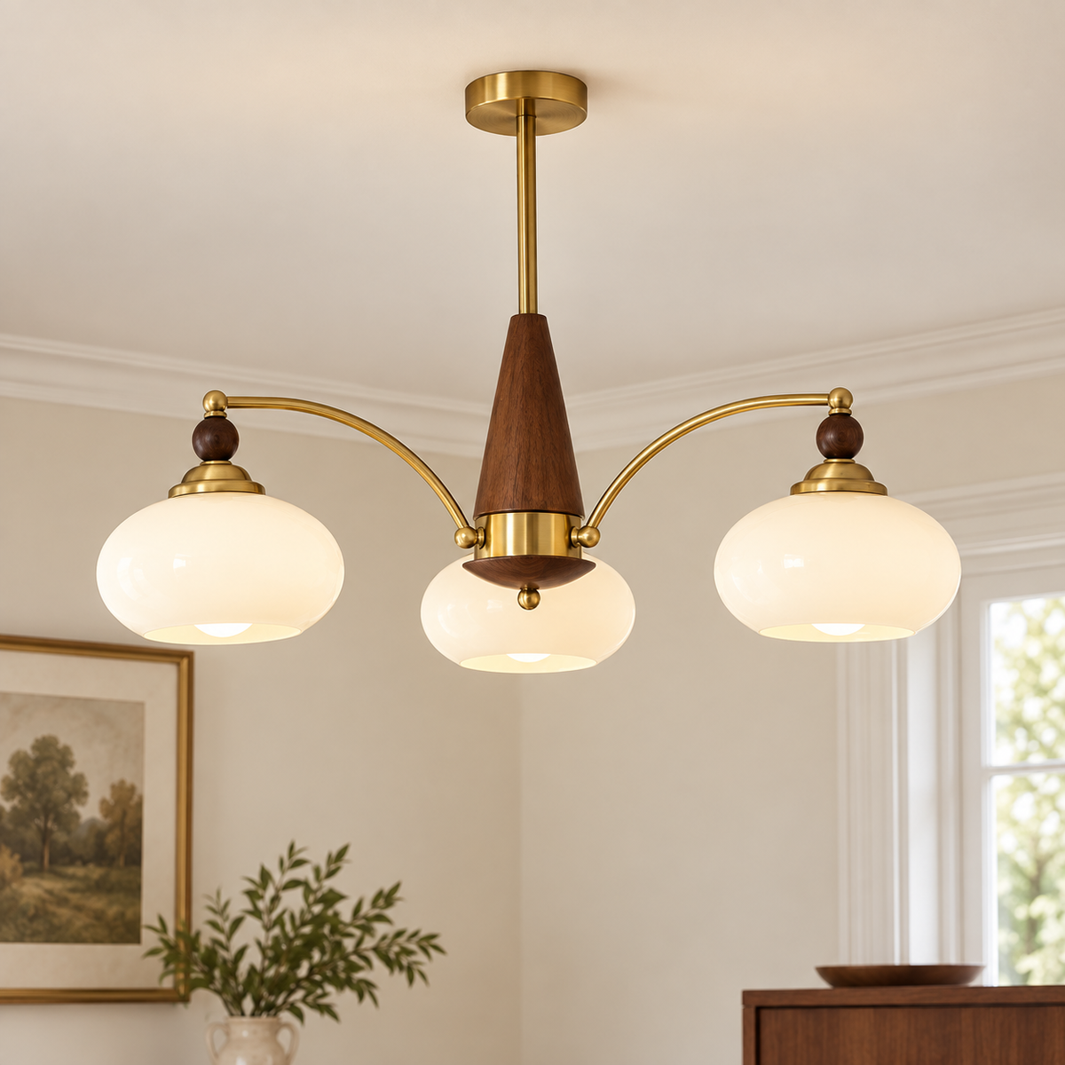 Three-head ivory glass mid-century chandelier in a warm neutral room
