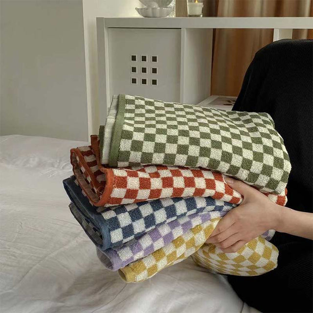 Ownkoti Checkerboard Plaid Colorblock Bath Towel Set-2