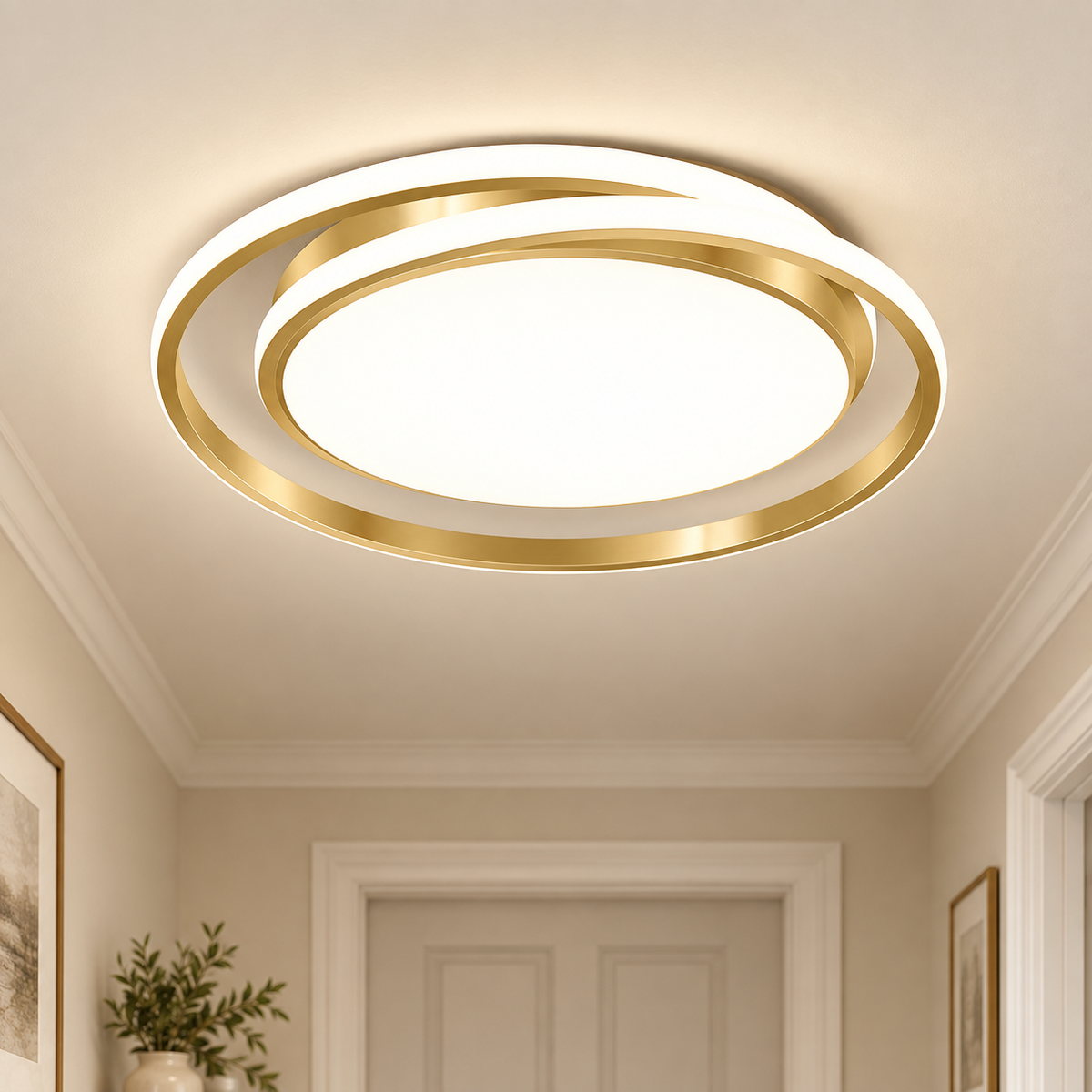 Antique Gold round LED flush ceiling light in a warm neutral hallway